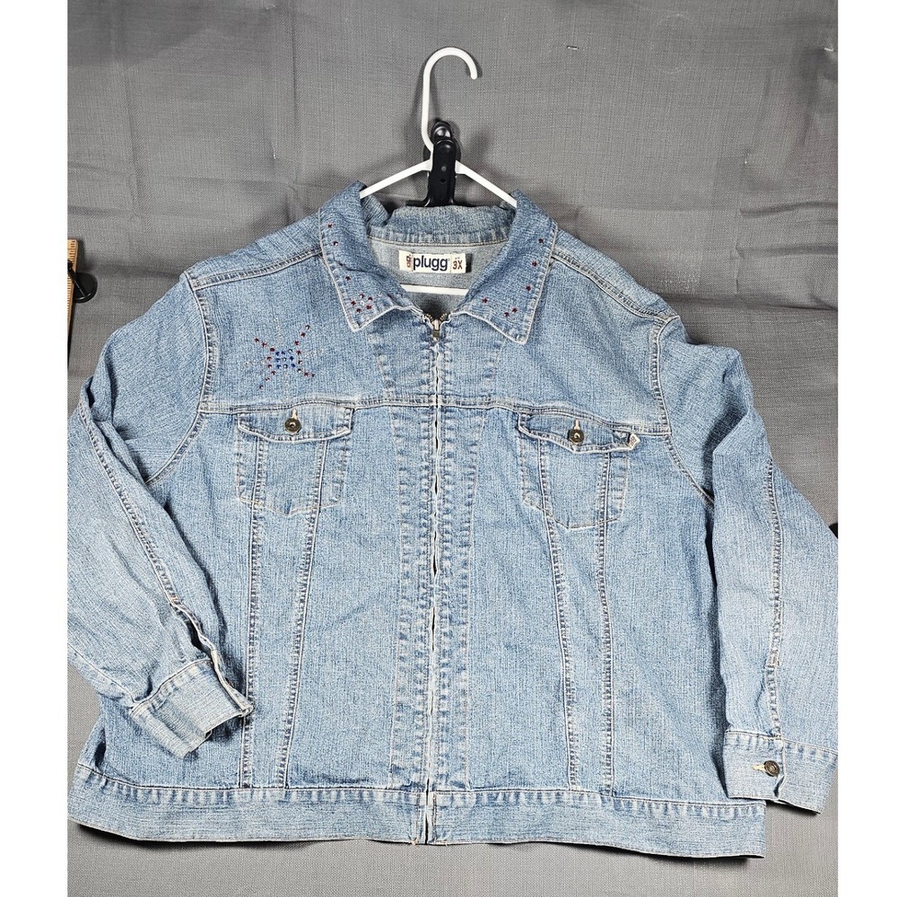 Plugg Womens 3X Denim Jacket Light Wash Rhinestone Zip Up Trucker Americana